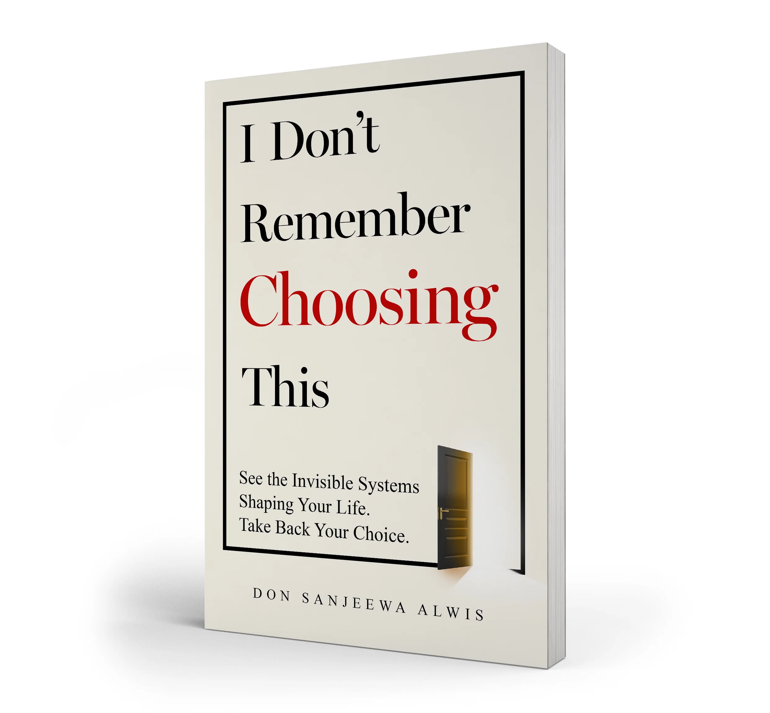 Three-dimensional cover of I Don’t Remember Choosing This by Don Sanjeewa Alwis, showing the opening doorway and book depth.